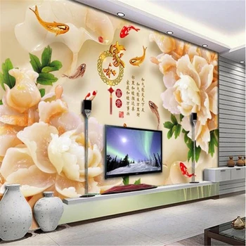 beibehang 3d потребителски фотообои стенописи етикети Домашна и богата дърворезба на нефриту Божур девет риби фигурка 3D TV фон