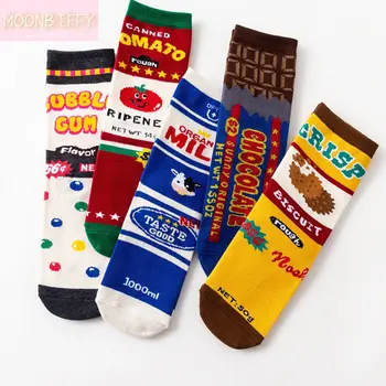 1 чифт модни женски чорапи, забавни сладки мультяшные закуски, мляко, бисквити, Шоколад, Доматено храна, щастливи японски чорапи за скейтборд в стил харадзюку
