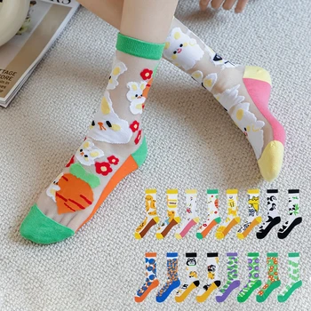 Модни дамски чорапи от стъклена коприна в стил AB с хубав анимационни цветя и животни, Панда, Куче, Заек, Чорапи за котки, весели улични шоу, чорапи