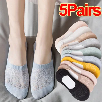 5 чифта Летни женските чорапи-лодочек, сексуална нескользящие дишащи дантелени невидими чорапи, стръмни тънки чехли, Чорапи, Дамски модни чорапи