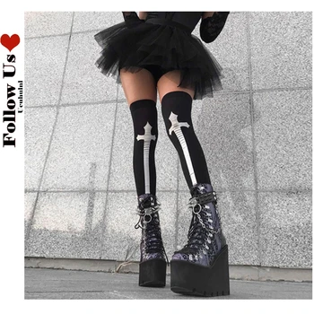 Черни Чорапи за cosplay в стил пънк-кръст, Дамски трикотаж носочные изделия за фестивали и партита, Дълги чорапи Harajuku, тъмно-готически чорапи до коляното Y2K, дамски чорапи до бедрото,