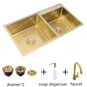 Златна кухненска мивка с двойна чаша и смесител, мивка от неръждаема стомана, 2 чаши, кухненски мивки 800x450 мм