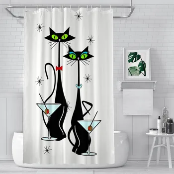 Завеси за душ Martini Time, атомна котка, водоустойчив плат в стар стил, забавен интериор за баня с куки, Аксесоари за дома